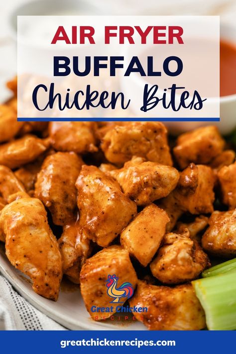 These air fryer buffalo chicken bites are the perfect game-day snack, appetizer, or quick protein for dinner. They use a handful of simple ingredients and take less than 30 minutes to make. Plus, since this recipe doesn’t use flour breading, these buffalo chicken breast bites are low-carb and gluten-free. #recipes #chicken #chickenbreast #chickendinner #airfryerrecipes Air Fryer Chicken Chunks No Breading, Air Fried Buffalo Chicken Bites, Air Fryer Grilled Chicken Bites, Buffalo Chicken Nuggets Air Fryer, Buffalo Chicken In Air Fryer, Chicken Air Fryer Bites, Air Fryer Buffalo Chicken Breast, Buffalo Chicken Air Fryer Recipes, Air Fry Buffalo Chicken