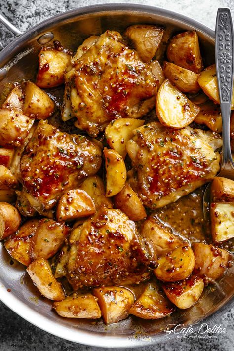 Chicken Thighs With Potatoes, Creamy Honey Mustard Chicken, Skillet Food, Honey Mustard Chicken Thighs, Mustard Chicken Thighs, Chicken And Potatoes, Chicken Ideas, Honey Mustard Chicken, Mustard Chicken