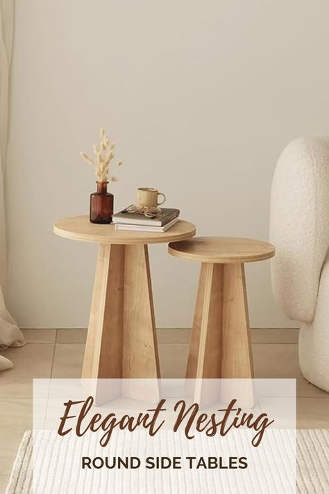 The Modern Round Side Tables have a mushroom-inspired design with chipboard wood and a melamine oak coating. Their nesting feature saves space, making them ideal for smaller rooms. Available in sets of 2 or 3, these tables blend with mid-century and contemporary decor styles. Easy to assemble with included instructions. Click the affiliate link to get yours! #RoundSideTables #NestingTables #MushroomDesign #ModernDecor #SpaceSaving #MidCenturyStyle #WoodenTables End Table Styling, Ali Project, Round Side Tables, Wooden Coffee Tables, Wood End Table, Tables Set, Wood End Tables, Wooden Coffee Table, Round Side Table