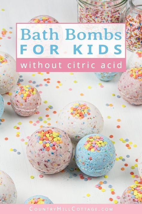 DIY bath bombs without citric acid or cream of tartar are an easy homemade bath bomb recipe for kids. These bath bombs turn a boring bath time routine into a fun experience for girls and boys. Learn how to make and customise these simple 3-ingredient funfetti bath fizzies with sprinkles, colour, and natural organic essential oils that are safe for children. Lush inspired, great gift idea. Without cornstarch, without Epsom salt, no citric acid. #bathbombs #essentialoils | countryhillcottage.com Bath Boms Diy, Bath Bomb Recipe, Bath Boms, Acid Bath, Recipe For Kids, Bombe Recipe, Time Routine, Homemade Bath, Bath Bomb Recipes