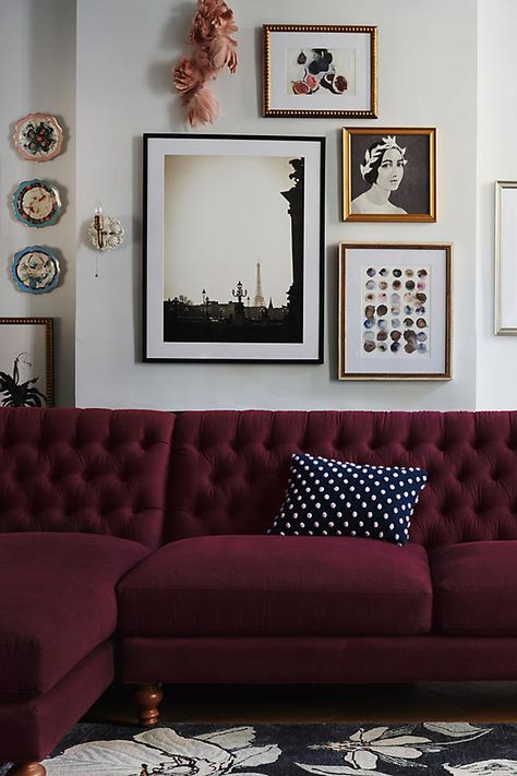 Young Lady Wall Art Burgundy Living Room, Purple Couch, Red Couch, Inspire Me Home Decor, Plywood Furniture, Inspired Living, Style At Home, A Living Room, Eclectic Decor