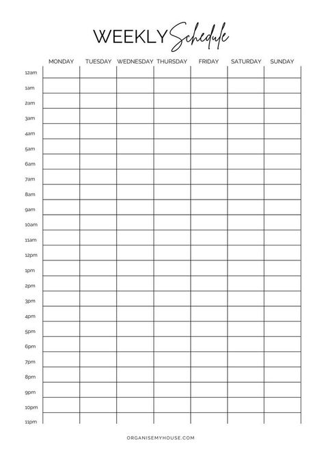 Free printable hourly calendar (schedule 24hrs a day a week) plrplanners #monthlyplannerpages. Empty Calendar Template, Free Printable Weekly Planner Template, Hourly Calendar, Schedule Printable Free, Study Planner Printable Free, Free Weekly Planner Templates, Study Templates, Printable Schedule, Calendar Schedule