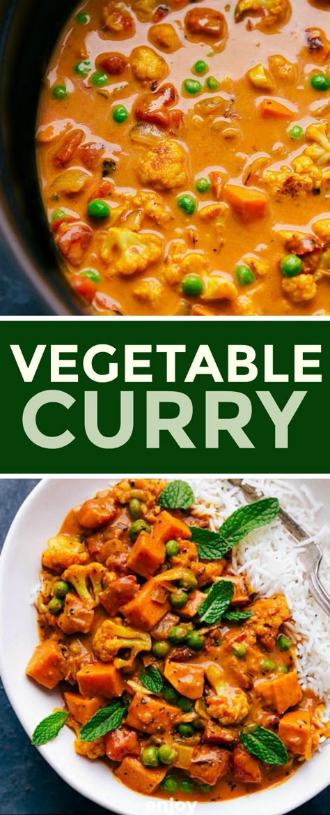 Vegetable Curry is tasty, filling, and loaded with good-for-you ingredients. It’s made with plenty of veggies, including sweet potatoes and cauliflower that have simmered in a spice-packed creamy coconut curry sauce. #recipes #coconut #indian #thai #easy #vegan #healthy #recipesvegetarian #vegetablecurry Curry Vegetable Soup Recipes, Creamy Vegetable Curry, Cauliflower Sweet Potato Curry, Cauliflower Thai Curry, Vegan Curry Soup Recipes, Whole 30 Curry Recipes, Indian Veggie Curry Recipes, Vegan Recipes Curry, Vege Curry Easy