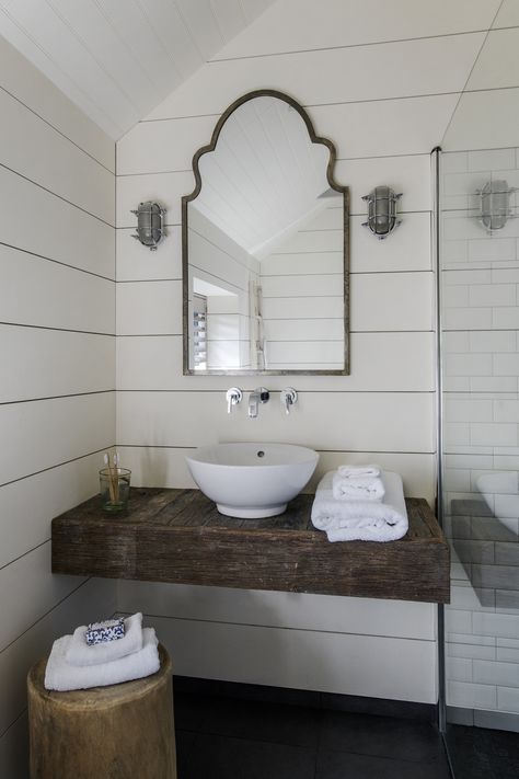 Cottage bathroom ideas: 22 practical spaces full of character | Shiplap Powder Room, New England Interior Design, Farmhouse Powder Room, New England Interior, Wall Mounted Faucet, Cottage Bathroom Ideas, Bathroom Window Treatments, New England Farmhouse, Relaxing Bathroom