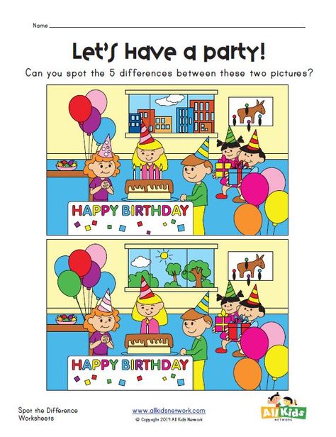 spot the difference party worksheet Spot The Difference Printable, Spot The Difference Kids, Find The Difference Pictures, Spot The Difference Puzzle, Find The Difference, Kids Worksheets Printables, Spot The Difference, Hidden Pictures, Preschool Printable