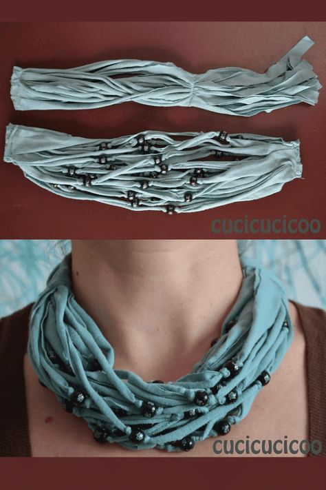 Make a cool and unique necklace from these beads with t-shirt yarn! I think this is actually really nice and I love the idea of upcycling old shirts into something new. #Fashion #Handmade #DIY