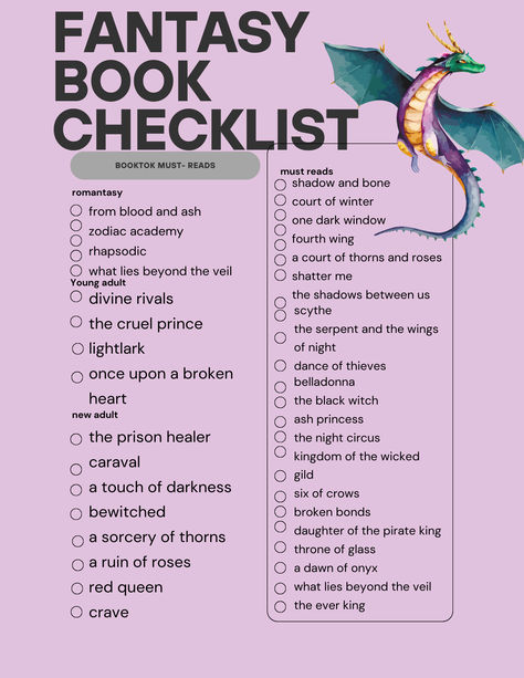 book list Fantasy Book Template, Fantasy Book Challenge, Book Dragon Wallpaper, Fae Fantasy Books, Books Checklist, Book List Printable, Dark Fantasy Books, Fantasy Book Recommendations, Legendary Book