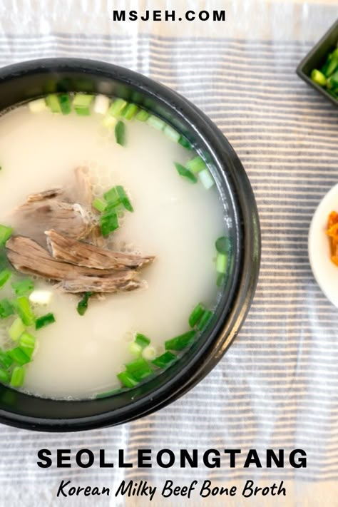 seolleongtang - Korean milky beef bone broth Korean Bone Broth Soup, Korean Beef Soup Recipe, Beef Broth Soup, Beef Bone Soup, Korean Beef Soup, Korean Soup Recipes, Korean Soups, Bone Broth Soup Recipes, Bone Broth Soup