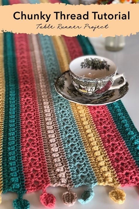 Free Leaf-ish Table Runner Crochet tutorial with Chunky Thread! Get your table ready for autumn with this DIY table runner and free crochet pattern. Free Crochet Table Runner Patterns Dining Rooms, Crochet Granny Square Table Runner Free Pattern, Crochet Hexagon Table Runner, Crochet Boho Table Runner, Crochet Window Sill Runner, Crochet Leaf Table Runner, Crochet Windowsill Runner, Crochet Runner Pattern, Crochet Coffee Table Runner