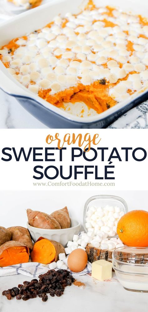 A southern Thanksgiving just wouldn’t be complete without a sweet potato soufflé. I’ve got the perfect twist on the classic dish, with a hint of orange zest and raisins to add texture and more flavor to the sweetness. Learn how to make sweet potato soufflé, just like my grandma used to do it! Sweet Potato Soufflé, Potato Souffle, Sweet Potato Side Dish, Sweet Potato Souffle, Southern Thanksgiving, Orange Sweet Potatoes, Souffle Recipes, Roasted Butternut Squash Soup, Food At Home