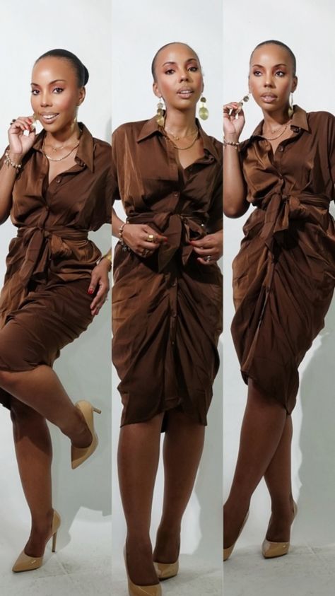 Shades Of Brown Outfits For Black Women, Bronze Dress Outfit Shoes, Chocolate Outfit Ideas, Chocolate Brown Dress Outfit, Brunch Dress Outfit, Shades Of Brown Outfit, Nude Pumps Outfit, Brown Outfits For Black Women, Classy Brunch Outfit