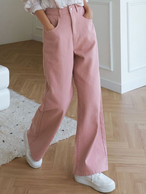 Pink  Collar  Denim Plain Straight Leg Embellished Non-Stretch  Women Denim Pink Jeans Outfit Summer, Patchwork Jeans Outfit, Pink Jeans Outfit, Pastel Pink Outfit, Pastel Pants, Pink Pants Outfit, Peach Jeans, Jean Rose, Light Pink Jeans