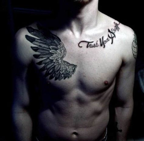 Top 39 Wing Chest Tattoo Ideas - [2021 Inspiration Guide] Kurt Tattoo, Wing Tattoo Men, Tato Dada, Small Chest Tattoos, Lyrics Tattoo, Tattoos Infinity, Omerta Tattoo, Money Tattoo, Wing Tattoo Designs