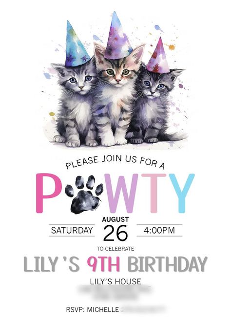 a kitten-themed birthday party invitation Cat Party Ideas, Watercolor Paw Print, Cat Birthday Party Invitations, Cat Birthday Invitations, Cat Invitations, Three Kittens, Cat Themed Parties, Cat Themed Birthday Party, Cat Balloons