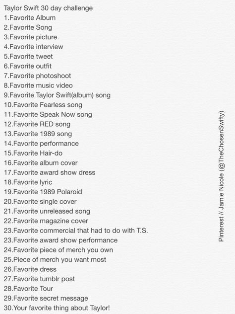 Taylor Swift 30 pin challenge!!!! Fell free to add your own questions. I might do more than one a day, just a fair warning! ;) have fun!!!!! -Jamie Taylor Swift 30 Day Challenge, Taylor Swift 31 Day Challenge, Taylor Swift 30 Day Song Challenge, Taylor Swift Questions, Taylor Swift Challenge, 30 Day Challange, Fearless Song, Red Song, Award Show Dresses