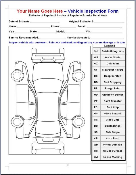 Mike Phillips VIF or Vehicle Inspection Form Vehicle Inspection Form, Car Detailing Diy, Car Detailing Interior, Car Inspection, Car Wash Business, Automotive Detailing, Mobile Car Wash, Inspection Checklist, Car Workshop