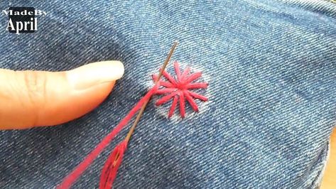 Embroider Holes In Clothes, Repair Holes In Jeans, Embroidery Hole Repair, Holes In Jeans, Visible Mending Stitches, Jeans With Embroidery, Embroidery Jeans Diy, Patch Hole, Mending Clothes