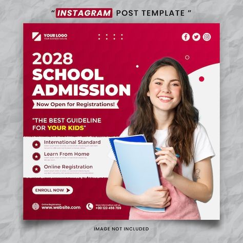 Red school admission media social post t... | Premium Vector #Freepik #vector #study-post #student-post #admission-poster #college-poster Student Social Media Design, College Admissions Poster, College Social Media Post Design, College Poster Design Ideas, College Admission Poster Design, School Posters Design, Educational Post Design, School Admission Flyer Design, College Social Media Post