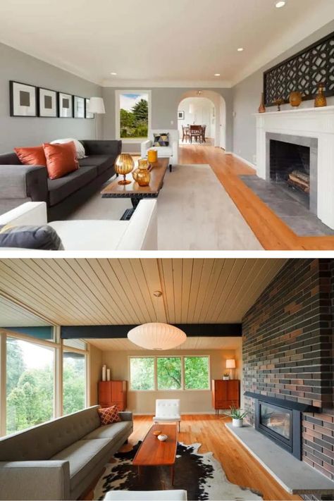 2 Orange and Gray Living Room Ideas Compared Each with Hardwood Flooring and a Fireplace Orange Hardwood Floors Living Rooms, Orange Floor Living Room, Orange And Gray Living Room, Which Aesthetic, Gray Living Rooms, Gray Living Room Ideas, Grey Sofa Set, Living Room Color Combination, Gray Living Room