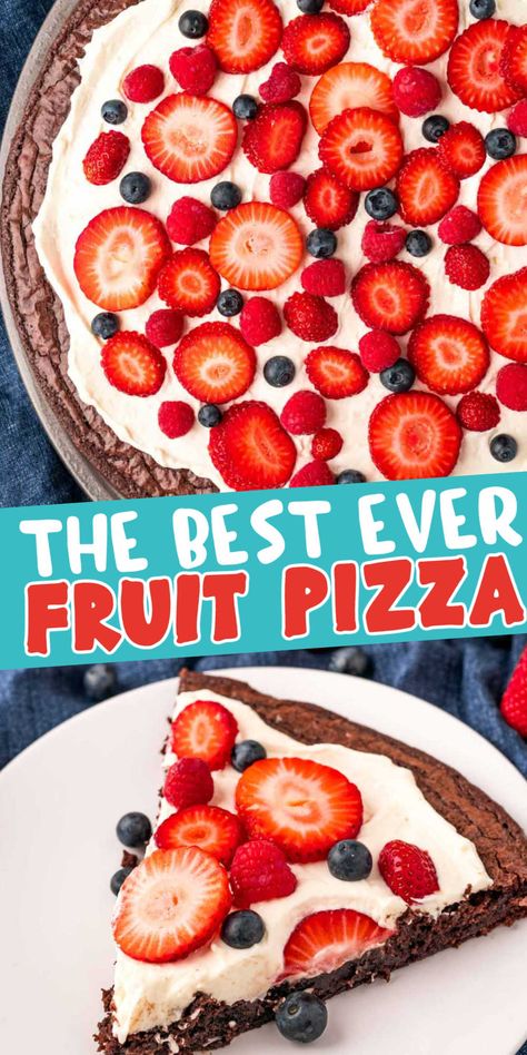 This is the BEST fruit pizza recipe! Brownie crust, cream cheese sauce layer, and fruit on top and so good! Brownie Pizza Dessert, Brownie Fruit Pizza, Flower Snacks, Best Fruit Pizza, Summer Pies, Brownie Crust, Fruit Pizza Crust, Brownie Pizza, Dessert Pizza Recipes