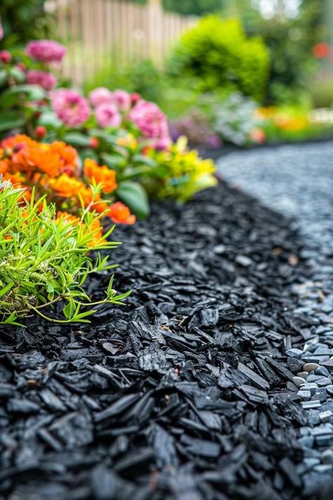 Black Mulch Landscaping Ideas for Stylish Gardens Mulch Colors Curb Appeal, Black Mulch Ideas, Black Mulch Landscaping Ideas, Black Mulch Landscaping, Mulch Landscaping Ideas, Mulch Ideas, Black Rock Landscaping, Brown Mulch, Cypress Mulch