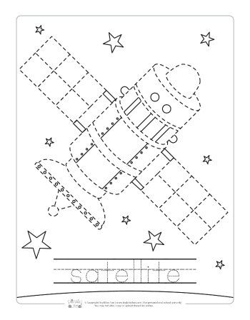 Satellite tracing printable. Space Theme Classroom, Space Theme Preschool, Space Activities For Kids, Space Lessons, Space Preschool, Art Books For Kids, Sistem Solar, Outer Space Theme, Tracing Worksheets Preschool