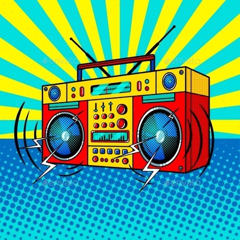 Pop Art 90s, Pop Art Design Ideas, Comic Style Art Illustration, Pop Art Illustration Retro, Boombox Illustration, 80s Art Style, Pop Art Ideas, Boombox Art, Music Pop Art