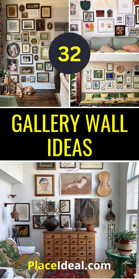 32 Gallery Wall Ideas 2024: Transform Your Space with Creative and Unique Layouts - placeideal.com Clean Gallery Wall Ideas, Tall Wall Photo Gallery, Collage Wall Layout Ideas, Wall Picture Gallery Ideas, Entry Gallery Wall Ideas, Multiple Gallery Walls In One Room, Gallery Wall Ideas Photos And Art, Different Sized Frames On Wall, Small Photos On Wall Ideas