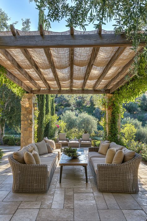 ♥ Are you dreaming of a cozy outdoor space to relax and entertain? Explore this modern attached pergola patio design, perfect for creating a Mediterranean vibe in your backyard. Get inspired with wall-mounted aluminum plans for a shade-covered retreat. 🌿🏡 #PatioIdeas #OutdoorDesign #PergolaDesign Mediterranean Pergola Ideas, Tuscan Backyard Ideas, Outdoor Patio Stone, Exterior Pergola, Mediterranean Backyard Ideas, Pergola Seating, Patio With Pergola, Covered Courtyard, Pergolas Ideas