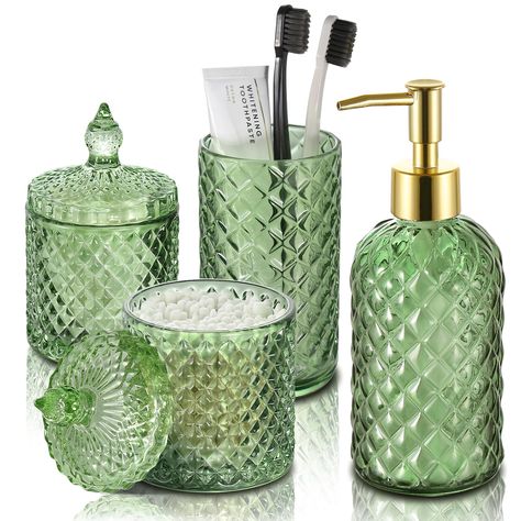 PRICES MAY VARY. Glass 【ATTRACTIVE 4 PACK GREEN BATHROOM ACCESSORIES】 Get these DIAMOND STYLE elegant additions to your bathroom right now! Let these green bathroom accessory set brighten your bathroom nicely! This green bathroom decor is perfect for every bathroom theme no matter boho, modern, farmhouse, vintage, and western, you name it! You would get a SOAP DISPENSER, a TOOTHBRUSH HOLDER, a QTIP HOLDER, and a COTTON BALL HOLDER in just ONE set! 【GORGEOUS DIAMOND PATTERN DESIGN】Diamond is a sy Olive Green Bathroom Decor, Tan Bathroom Decor, Olive Green Bathroom, Eclectic Bathroom Decor, Olive Green Bathrooms, Bronze Bathroom Accessories, Green Bathroom Accessories, Bathroom Theme, Neutral Bathroom Decor