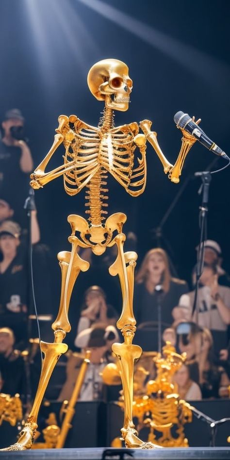 Skeleton of gold sings rock Skeleton Singing, Gold Skeleton, Inspo Board, Ap Art, Color Dorado, Zombie, Art Inspo, Skeleton, Art Reference