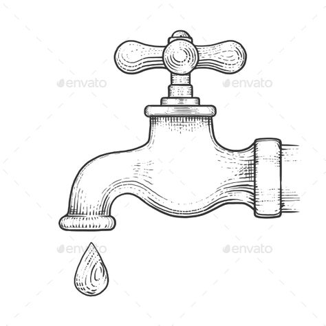 Water tap with drop engraving style vector illustration Water Faucet Drawing, Water Dripping Drawing, Water Flow Drawing, Water Tap Drawing, Water Drawing Easy, Faucet Drawing, Tap Drawing, Save Water Drawing, Water Sketch