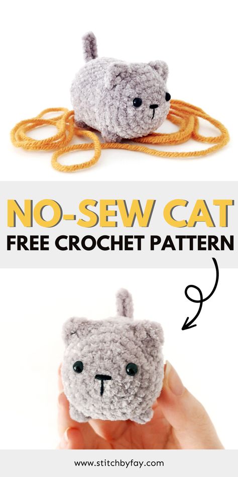 Crochet no-sew amigurumi cat pattern. Amigurumi Cat Free Pattern, Crochet Amigurumi Cat, Kat Haken, Crochet Kawaii, Amigurumi Cat, Crochet Hack, Quick Crochet Patterns, Crochet Cat Pattern, Crochet Patron