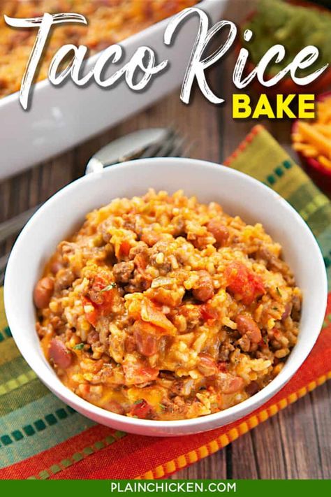 Taco Rice Bake - Plain Chicken Taco Rice Bake, Rotel Cheese, Plain Chicken Recipe, Cheese And Rice, Mexican Chopped Salad, Taco Toppings, Taco Rice, Rice Bake, Mexican Casserole