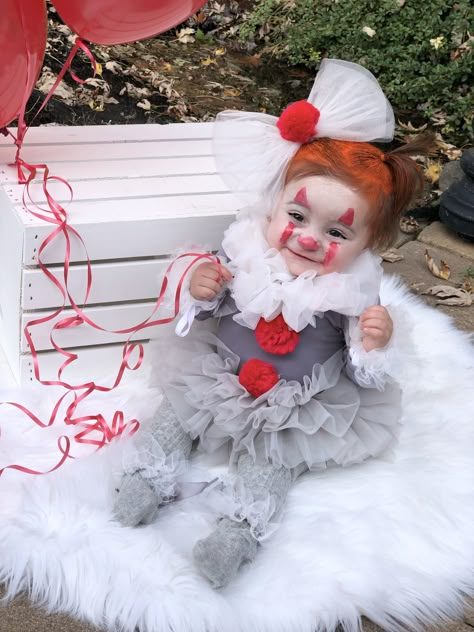 Baby Pennywise IT clown Halloween costume baby girl Baby It Costume Clown, It Baby Costume Clown, Baby Clown Costume Girl, Baby Girl Hollowed Costumes, 1st Birthday Halloween Costume, Toddler Pennywise Costume Girl, Halloween Baby Costumes Girl, Baby Pennywise Costume, Diy Baby Girl Halloween Costumes