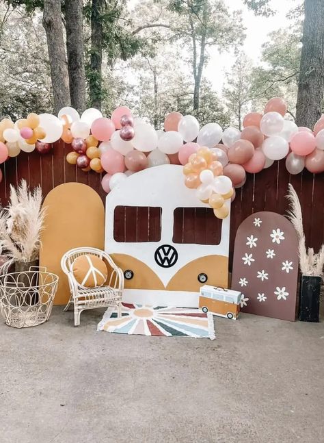 Diy Vw Bus Photo Prop, Groovy Parade Float Ideas, Groovy Birthday Party Ideas, Two Groovy Birthday Party, Hippie Baby Shower, 2 Groovy, Two Groovy Birthday, Groovy Birthday Party, Hippie Birthday Party