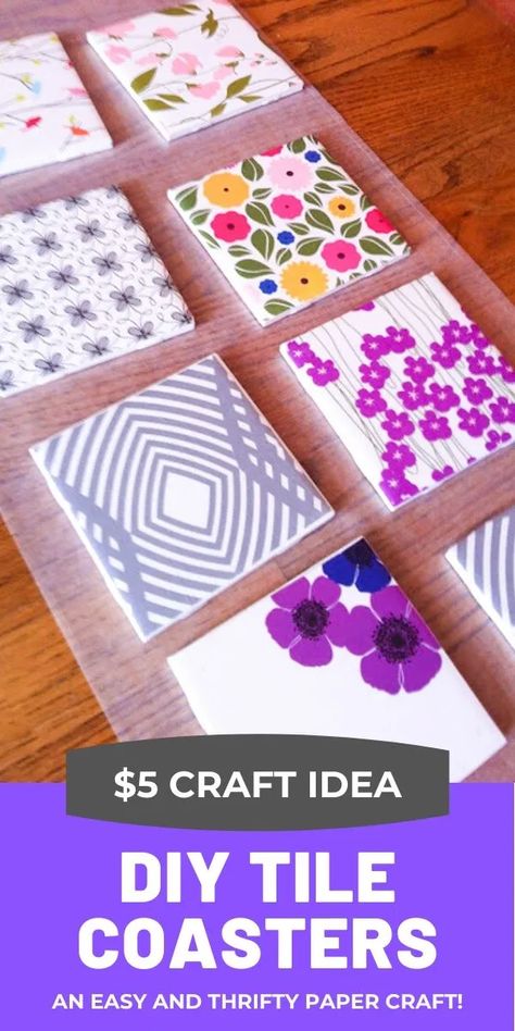 DIY Tile Coasters with scrapbooking paper #tilecoasters #diycoasters #coasters #coastercrafts #papercoasters Crafts To Make With Scrapbook Paper, Senior Crafts Ideas Easy Diy, Coasters From Tiles, Diy Tile Coasters, Ceramic Tile Crafts, Coasters Tile, Repurpose Diy, Craft Nights, Diy Coasters Tile