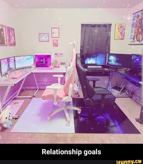 Found on iFunny His And Hers Pc Setup, His And Hers Gaming Room, Couple Gaming Room Setup, Homework Space, Purple Desk, Couple Room, Computer Gaming Room, Otaku Room, Gamer Room Decor