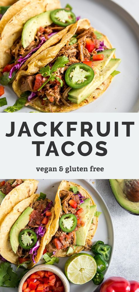 Easy Jackfruit Tacos! Flavorful, taco seasoned and the perfect vegan taco recipe. Use canned jackfruit, drain, rinse, remove the cores, shred, season and simmer. Use your favorite taco toppings and shells for dietary friendly taco tuesday. Paleo and vegan friendly. Jackfruit Tacos Vegan, Chocolate Peanut Butter Overnight Oats, Vegan Tacos Recipes, Vegan Jackfruit, Jackfruit Tacos, Canned Jackfruit, Taco Toppings, Jackfruit Recipes, Vegan Taco