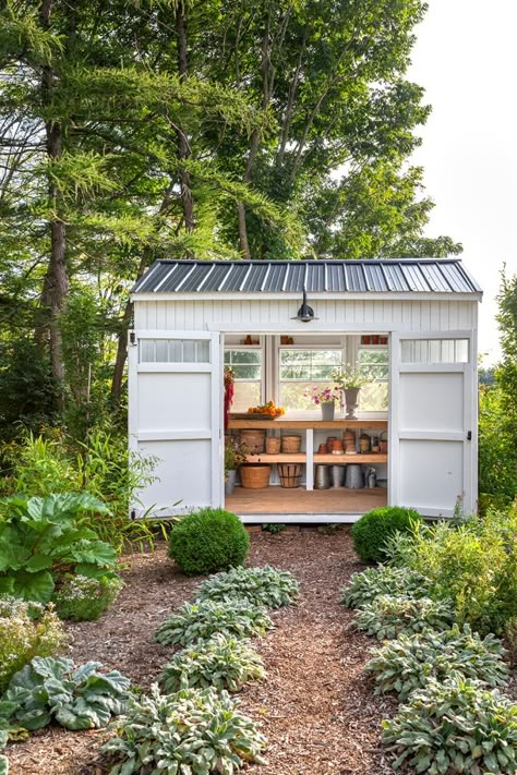 White Shed, Small Garden Shed, Backyard Greenhouse, Plants Growing, Potting Sheds, Georgian Homes, Shed Ideas, Shed Design, She Sheds