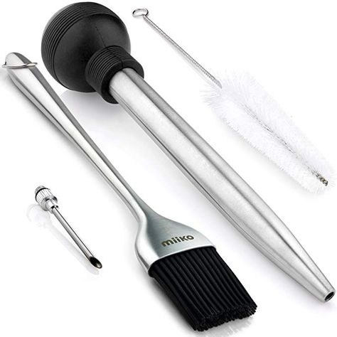 AmazonSmile: Steel Turkey Baster & Barbecue Basting Brush, with Flavor Injector and Cleaning Brush - By MiiKO: Kitchen & Dining Meat Injector, Stainless Steel Kitchen Island, Turkey Baster, Food Tool, Basting Brush, Grilled Meats, Best Turkey, Basting Brushes, Roasted Meat