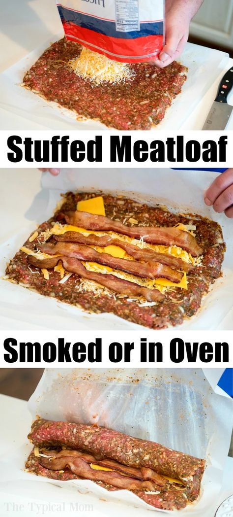 Smoked Meatloaf Recipe, Stuffed Meatloaf, Smoked Meatloaf, Smoker Cooking, Bacon And Cheese, Pellet Grill Recipes, Traeger Recipes, Meatloaf Recipe, Cheese Stuffed