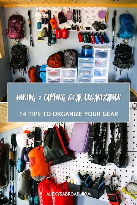 Here are tips for organizing camping and hiking gear (with OR without a garage). That way, when you're ready for your next adventure, you will be able to pack quickly and hit the road! How To Organize Camping Gear, Organizing Camping Gear, Camp Gear Storage, Organize Camping Gear, Camping Gear Storage Ideas, Hiking Organization, Hiking Gear Storage, Storing Camping Gear, Gear Room Organization