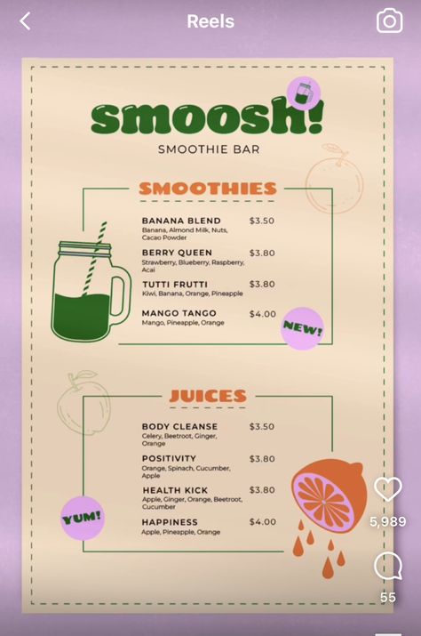 Smoothie Menu Design Ideas, Bloxburg Smoothie Bar, Juice And Smoothie Bar Design, Juice Bar Menu Design, Menu Design Coffee Shop, Smoothie Menu Design, Juice Bar Interior, Juice Bar Menu, Drink Menu Design