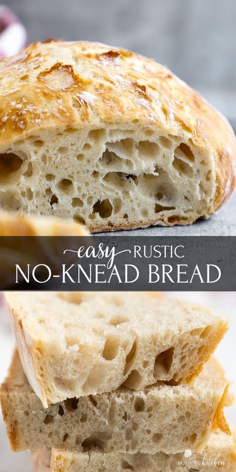 This easy No-Knead Bread loaf has a deliciously crisp crust and a soft spongy center. It’s the perfect blend of soft and chewy. With only 4 ingredients (flour, salt, yeast and water), you can make a bakery-quality, scrumptious loaf of homemade bread. #nokneadbread #bread #olgainthekitchen #easyrecipe #recipes Snickers Cheesecake, Pembuat Roti, Dutch Oven Bread, Artisan Bread Recipes, Knead Bread, Bread Easy, Rustic Bread, Best Bread Recipe, Dutch Oven Recipes