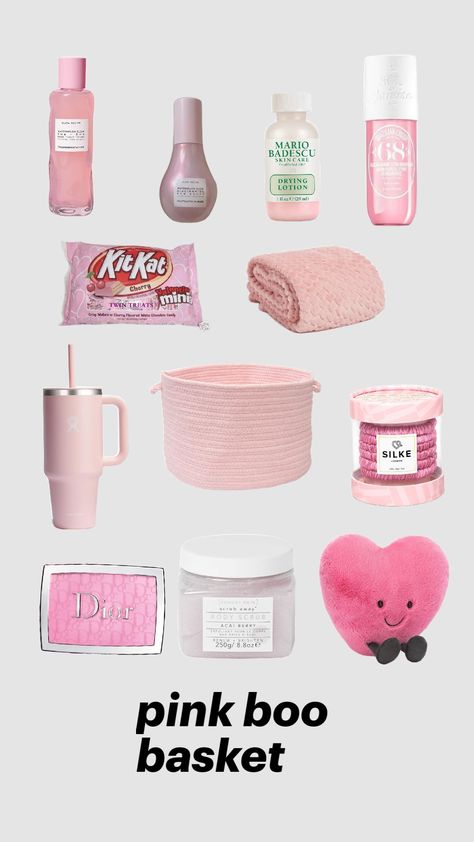 pink gift/ boo basket Pinks Gifts, Pink Boo Basket Ideas, Color Themed Gift Baskets Pink, Pink Boo Basket, Pink Snack Basket, Pink Basket Gift Ideas, Pink Themed Gift Basket, Burrr Basket, Bae Baskets