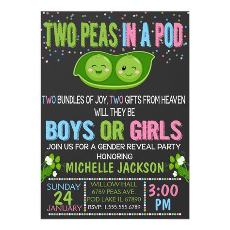 Twins Gender Reveal Peas in a Pod Invitation Twin Gender Reveal Invitations, Twins Gender Reveal, Pixel Paper, Twin Gender Reveal, Gender Reveal Themes, Gender Reveal Party Invitations, Chalkboard Invitation, Baby Reveal Party, Baby Gender Reveal Party