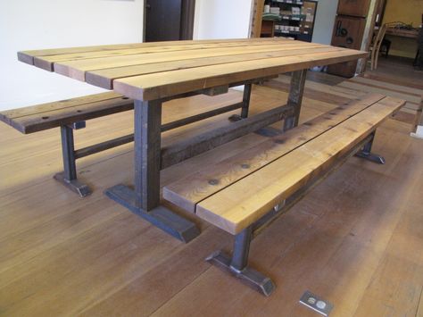 Western red cedar outdoor table. Wood Outdoor Table, Production Ideas, Wood Benches, Reclaimed Wood Benches, Reclaimed Wood Table, Tree Species, Reclaimed Lumber, Wood Tables, Custom Benches