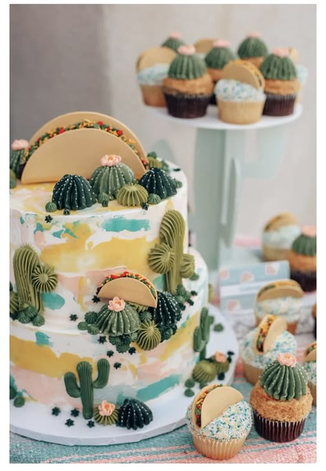 Taco Cakes Ideas, Desert Oasis Theme Party, Desert Party Theme, Taco Graduation Party, Taco Cake, Taco Birthday, Cactus Cupcakes, Cactus Cake, Peach Party