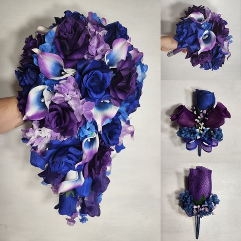 8 Bridesmaids, Shoulder Corsage, Bouquet Accessories, Blue Purple Wedding, Calla Lily Bridal, Purple Bridal Bouquet, Bridal Wedding Bouquet, Cascading Bouquet, Purple Wedding Theme